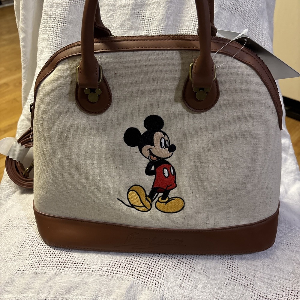 Disney Mickey Mouse Canvas‎ Satchel Bag Adult Handbag Purse Beige/Brown Vtg Look